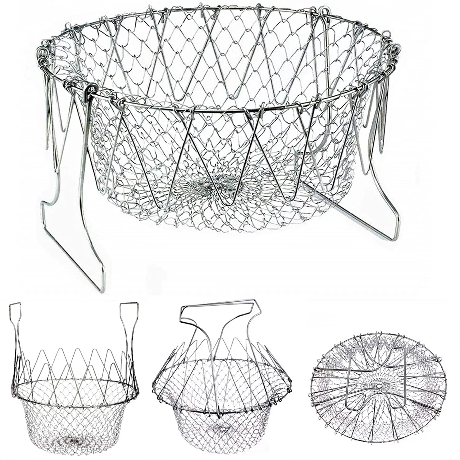 

Amazon Hot Sale 304 Stainless Steel Mesh Net Colander Collapsible Food Strainer Vegetable Steamer Basket with Handle, Sliver