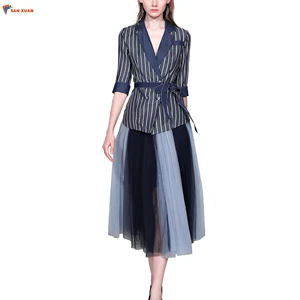 In stock new design fashion elegant blue lace-up stripe suits top and long mesh skirt 2020 2 piece set women clothing fall 2