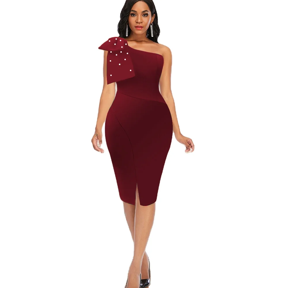 

A313 Sexy One-shoulder Stitching Beaded High Waist Package Hip Women's Tight Plus Size Office Africa Party Dress, Pic