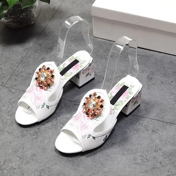 

Women Slippers Luxury Jewel Flower Rhinestone Block Heel Slippers Ladies Shoes Femme Shoes Luxury Designer Shoes US Big Size, White