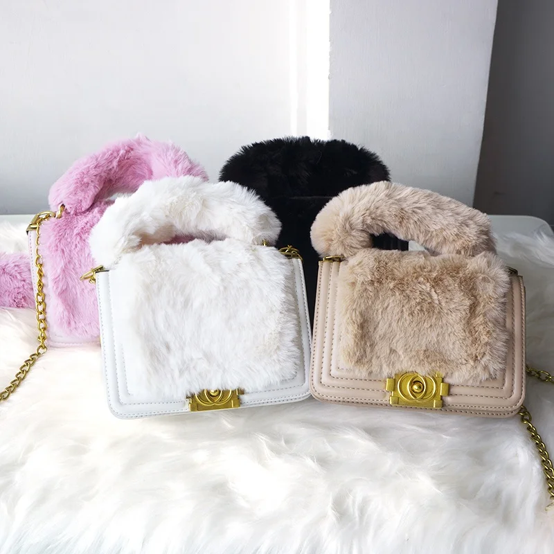 

Furry Fur Purses Fashion Chain Small Flap Crossbody Bags Casual Girls Shoulder Bag High Quality Handbag, As show