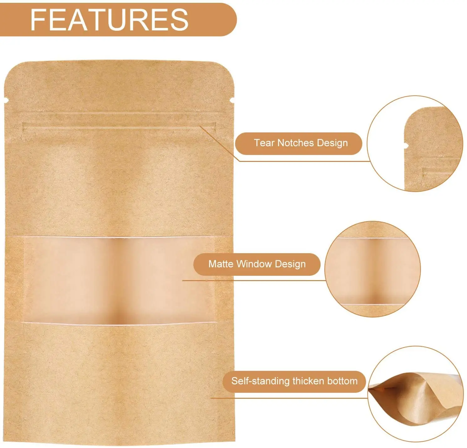 
Custom printed brown kraft paper food and snacks with clear window stand up pouches 