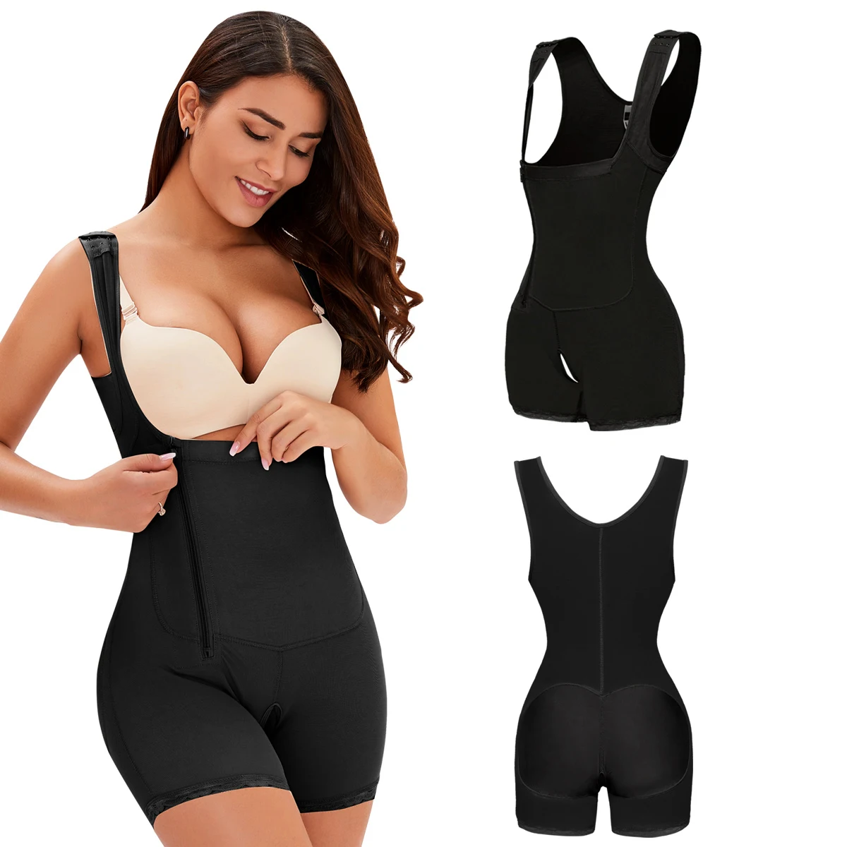 

Latest Women Design Wide shoulder strap side zip Seamless Enhancer shapewear high waist Slimming Body Shaper, Black nude gary