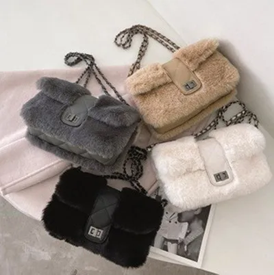 

Winter 2021 Soft Fur Handbags Luxury Purses Women Sling Bag Female Chain Crossbody Shoulder Bags, 4 colors