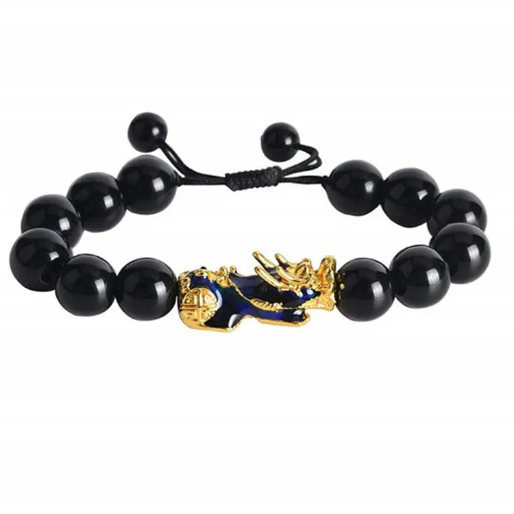 

Feng Shui Pixiu Black Obsidian Wealth Bracelet Color Change 14K Plated Adjustable Handmade Braided Rope Lucky Jwelry