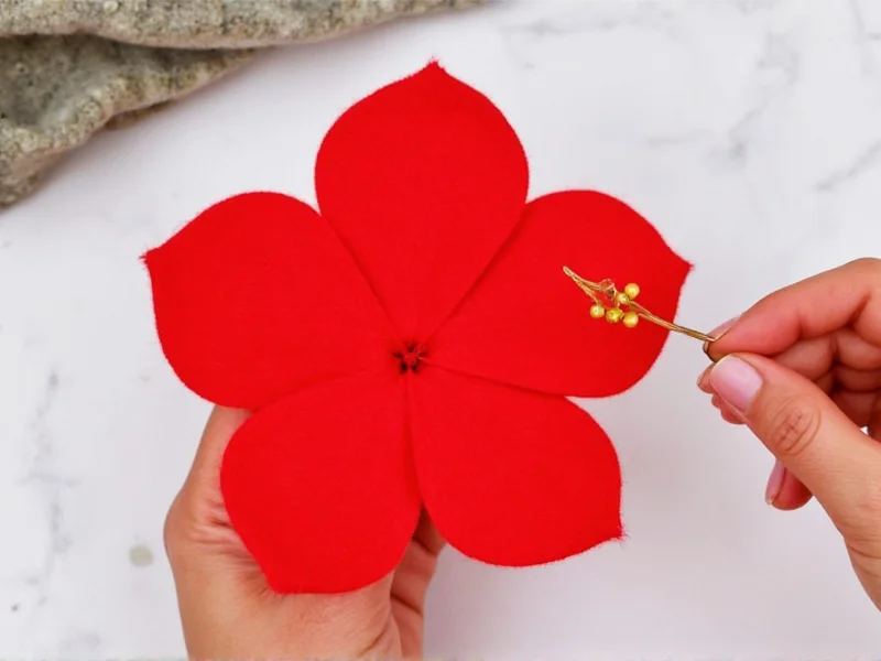 Hand holding DIY hibiscus flower made from red felt