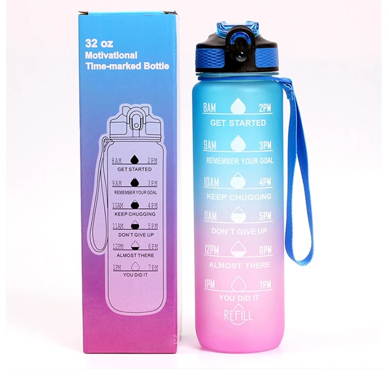1L/32oz Eco-Friendly Plastic Workout Bottle Straw Flip Top Cover Direct Drinking Motivational Time Marker Food Safe Dishwasher