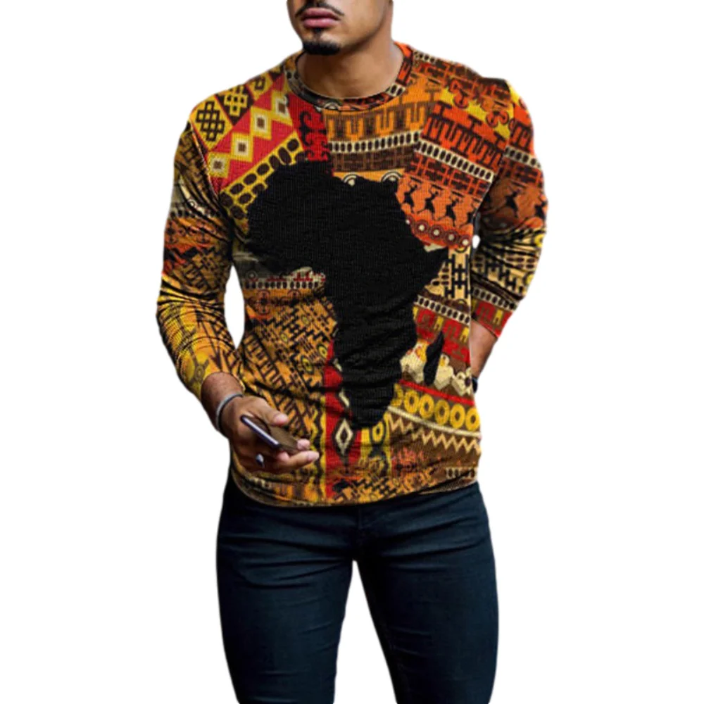 

2021 new arrivals vintage pattern Africa map mens t shirt plus size long sleeve men's autumn blouses & shirts causal style, 2 color as picture