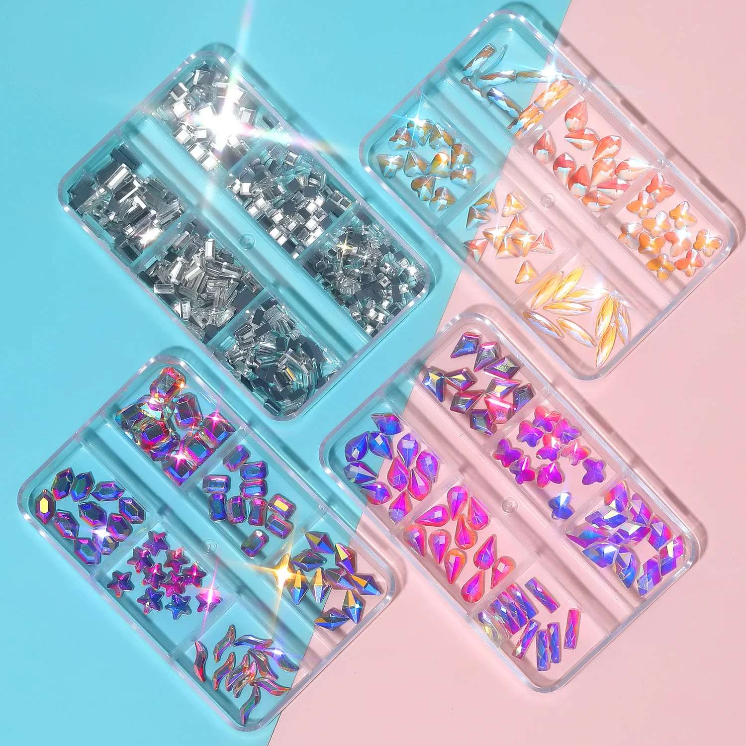 

60 Big GemsTransparent Square Flat Nail Stone Rhinestone 6 Grid Mixed Box Mirror Aurora Nail Rhinestone
