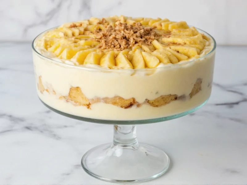 Homemade banana pudding in clear trifle dish with layers