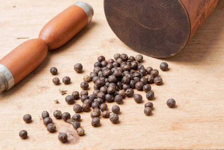 Assorted peppercorns on wooden table