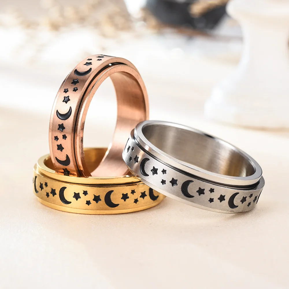 

Fashion Stainless Steel Couple Jewelry Factory Star Moon Rotating Ring