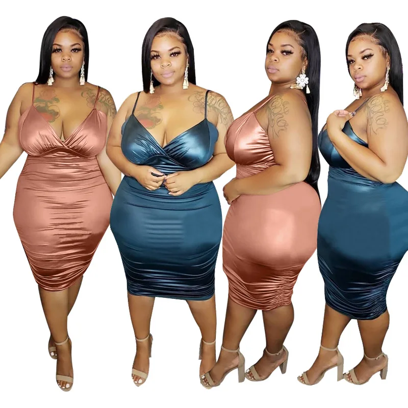 

Spaghetti Strap Sleeveless Bodycon Big Size Club Dress Solid Color Sexy Tight Women Plus Size Dress, Blue,pink or customized colors