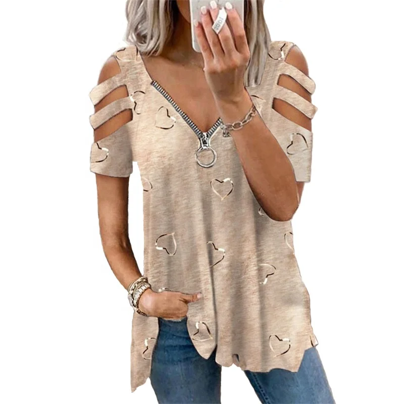 

Women Summer V-neck Zipper T Shirts Short Sleeve Casual T-Shirt Tops, 6 colors