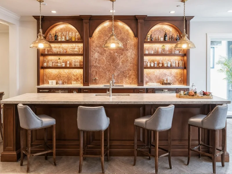 Finished DIY bar with copper accents and integrated lighting