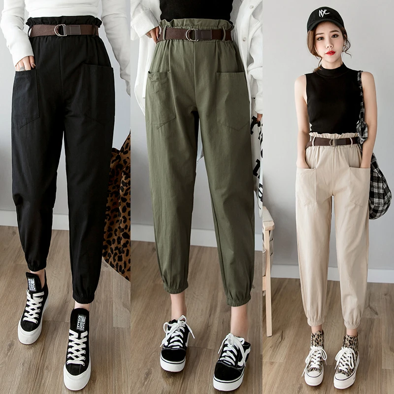 

Women 2020 spring summer fashion female solid high waist loose harem pant pencil trousers casual cargo pants streetwear