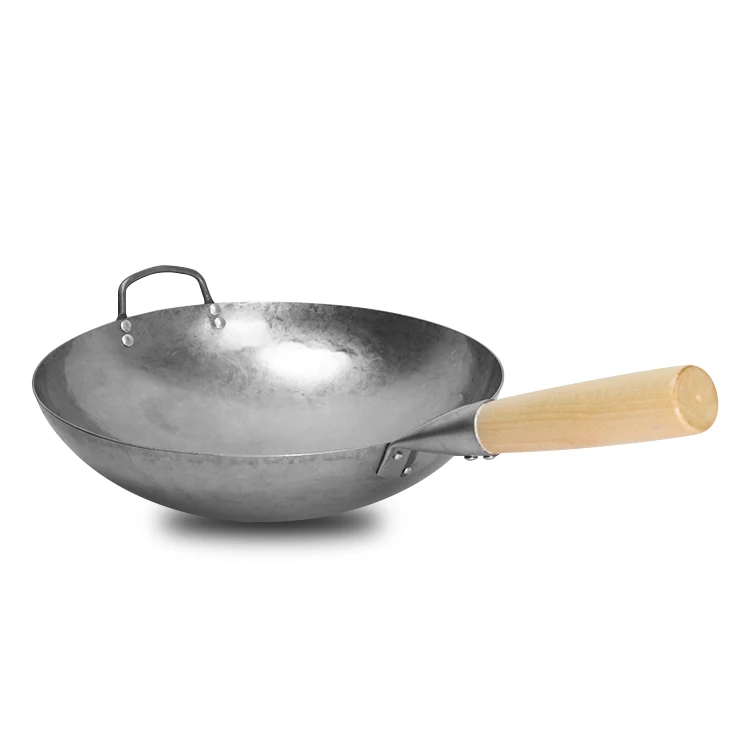 

Kitchen Durable Wooden Handle Iron Wok 14 Inch Non Stick Carbon Steel Iron Chinese Wok Full Seasoned Cookware Wok, Silver, blue