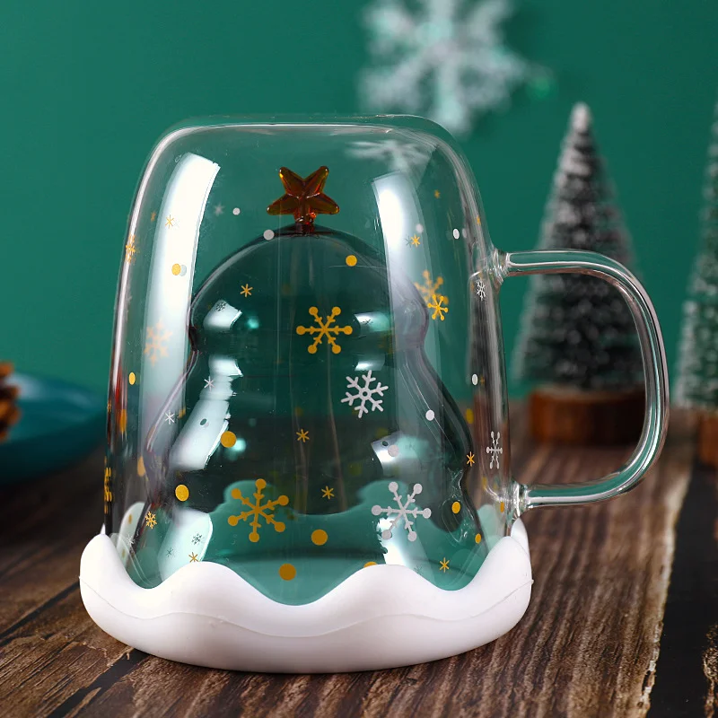 

New Patter Christmas Decoration Transparent Double Glass Bottle Christmas Tree Cup with Cover Spring White Snowflake Cup