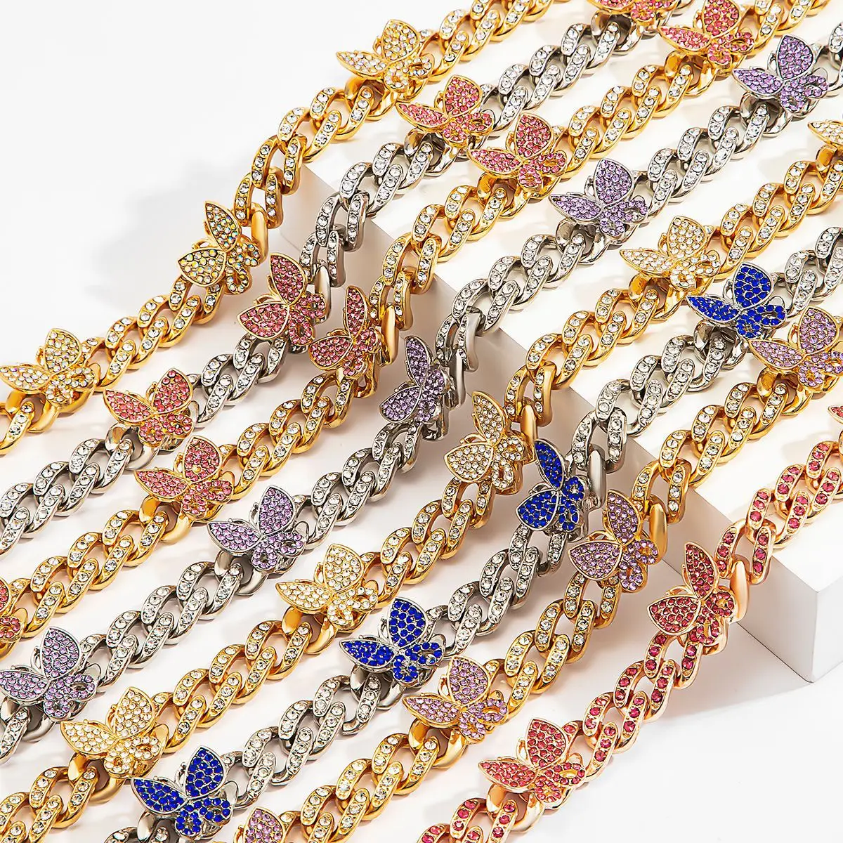 

2021 Hot sale Luxury Women Iced Out Jewelry Diamond Cuban Link Chain Butterfly Necklace