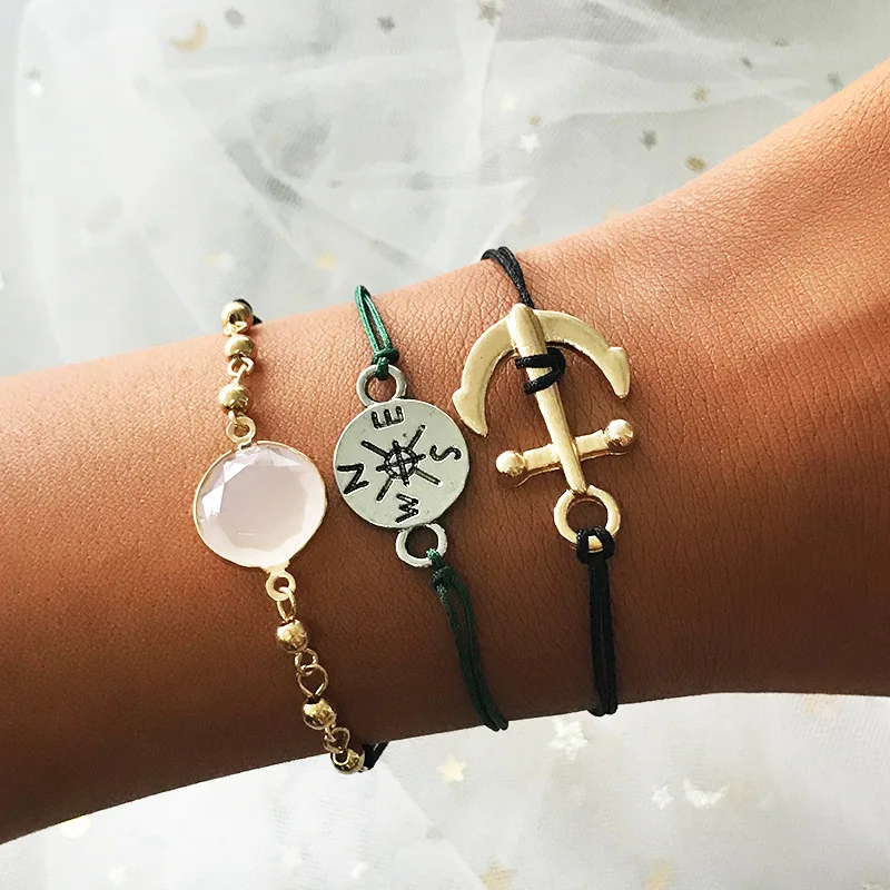 

2021 Weihao Hot Sale Creative Alloy Guide Moonstone Bracelet Ship Rudder Bracelet Set, As picture show
