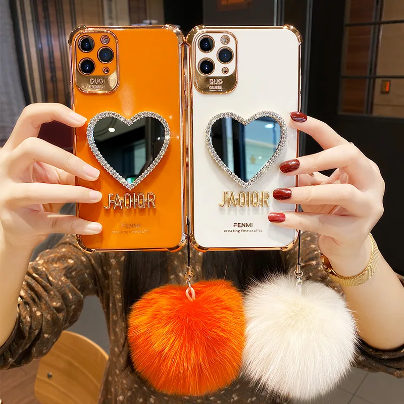 

PopularBling Heart Mirror Clear Soft Phone Cases With Fur Ball For Iphone 12 Pro Max, 6 colors