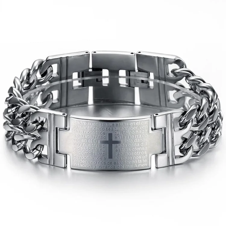 

Fashion Classic Spanish Bible Lord's Prayer Cross Men's Titanium Steel Bracelet, Gold,silver,black