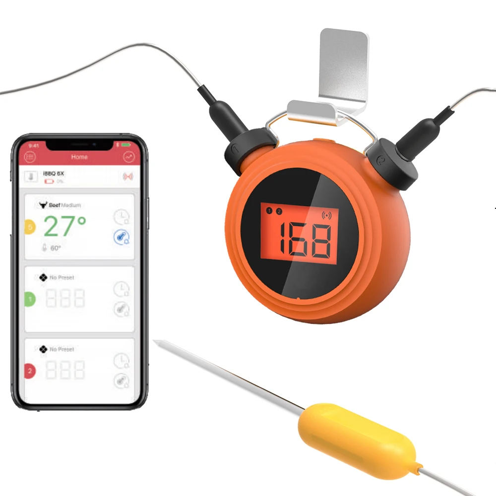 

Smart Mobile Phone Indoor Outdoor Wireless Termometer Kitchen Cooking Digital Culinary Meat Thermometer With 2 Senzor MiniClock, Orange customized