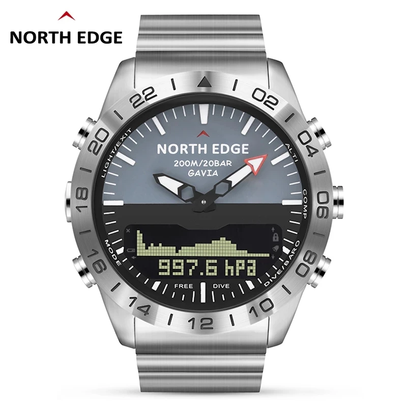 

NORTH EDGE Men Dive Sports Digital watch Mens Watches Military Army Luxury Full Steel Business Waterproof 200m Altimeter Compass, Sliver