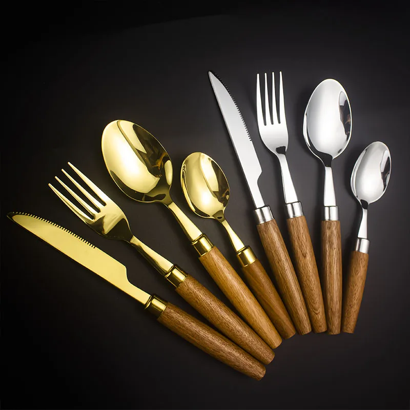 

Eco-friendly Wooden Handle Stainless Steel Cutlery Silver Gold Flatware Set