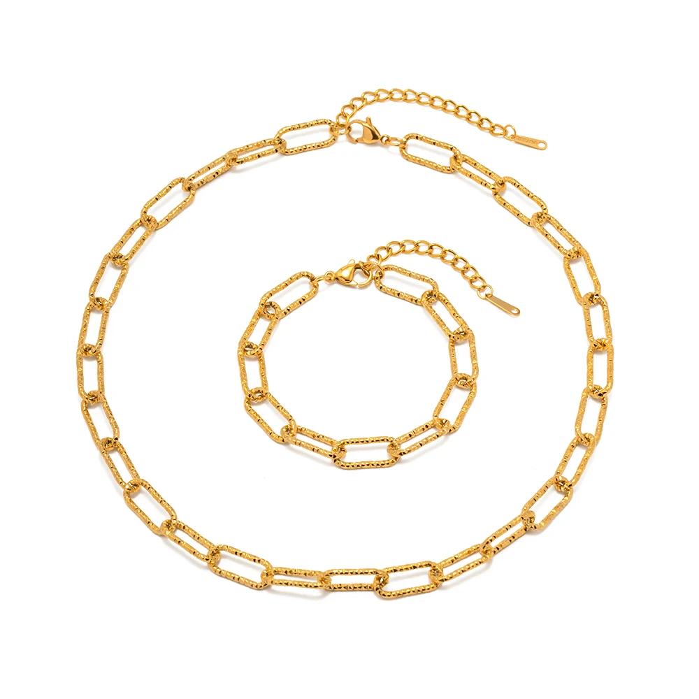 

Stainless Steel 18K Gold Plated Bracelet Jewelry Gift Paperclip Chain Choker Necklace Set for Girls
