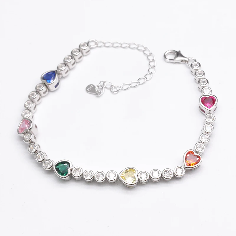 Classic Color Heart Shaped Round Zircon Tennis Bracelet 925 Sterling Silver Charm Bracelet