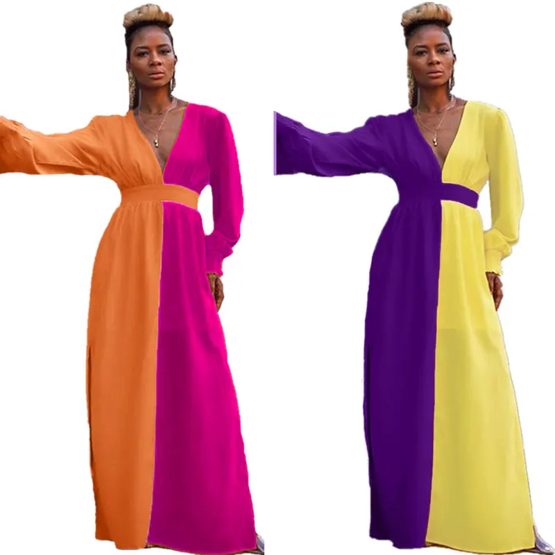 

90909-MX28 deep v colorful maxi dresses women lady elegant