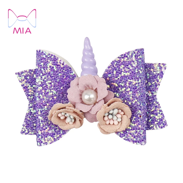 

Free shipping  glitter artificial leather unicorn hair bows cliip with unicorn and pearl flower, Picture shows