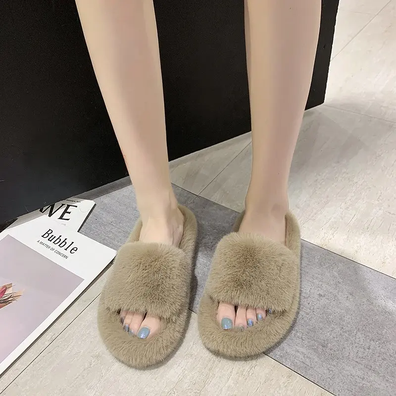 

Fox Women's Furry Slides Flower Print Flat 2020 Mujer Foot Wear Female Fluffy Fur Indoor Use Slippers