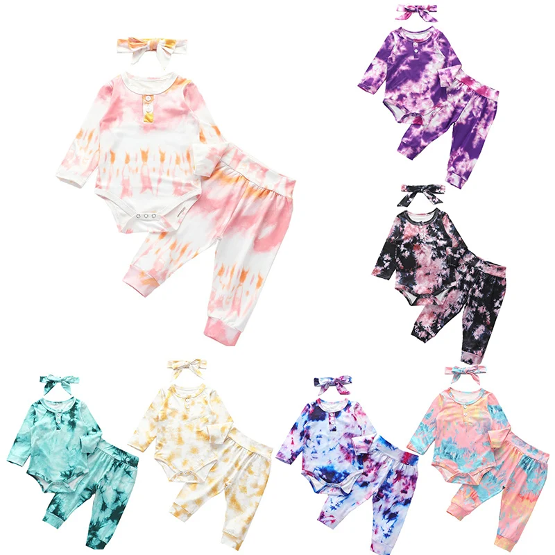 

Baby Tie-dye Clothing Sets Long Sleeve Romper + Trouser + Headbands 3pcs/sets Fashion Infants boy girls Outfits M32
