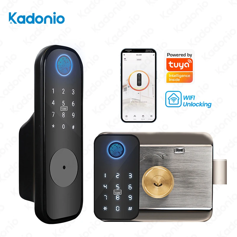 

Kadonio Tuya Smart Rim Lock Biometric Lock RFID IC Card WiFi APP Combination Home Security Dual Fingerprint Lock