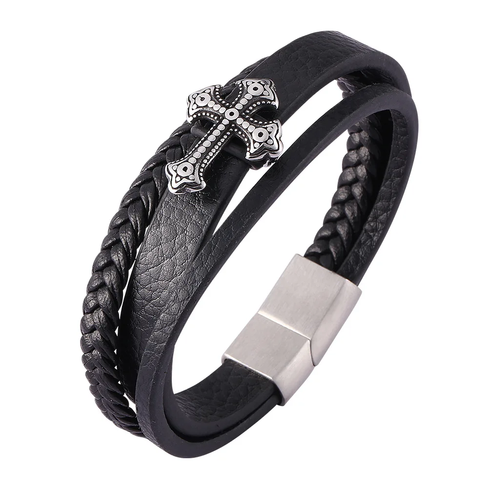 

Unisex Classic Jewelry Cuff Titanium Steel Magnetic Clasp Genuine Leather Cross Bracelet Christian