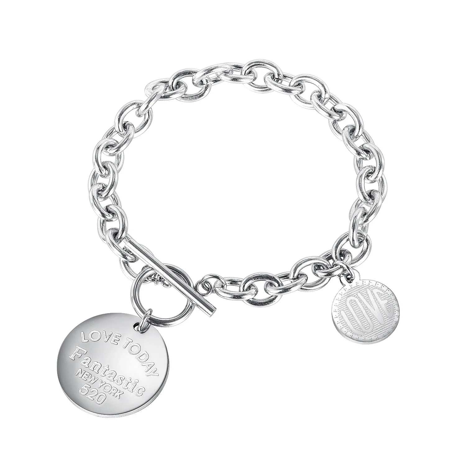 

Fashion link chain charm bracelet Love Today letter round pendant OT buckle ladies titanium steel bracelet (KSS307), Same as the picture