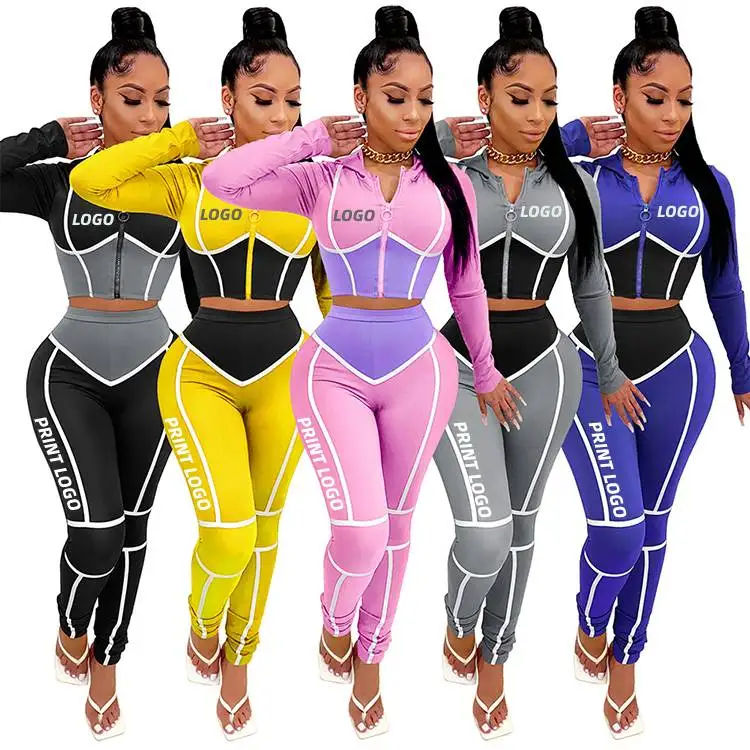 

2021 autumn contrast color top longsleeve bodycon yoga training clothes zipper sport two piece suit