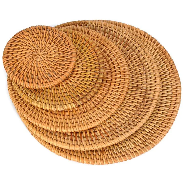 

New Design Creative Reusable Custom Home Garden Coffee Cup Dining Table Wicker Round Rattan Placemat, Natural