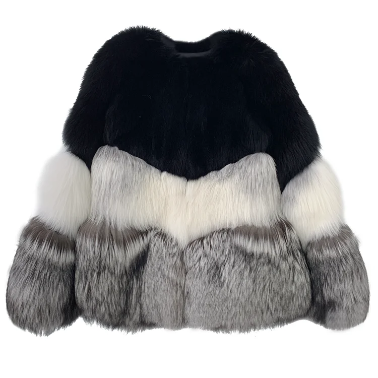 

QIUCHEN Ready to Ship Fashion Winter Short Luxury Fluffy Womens Cross Sliver Fox Fur Coat 100% Real QC21069, Black, silver and white stitching