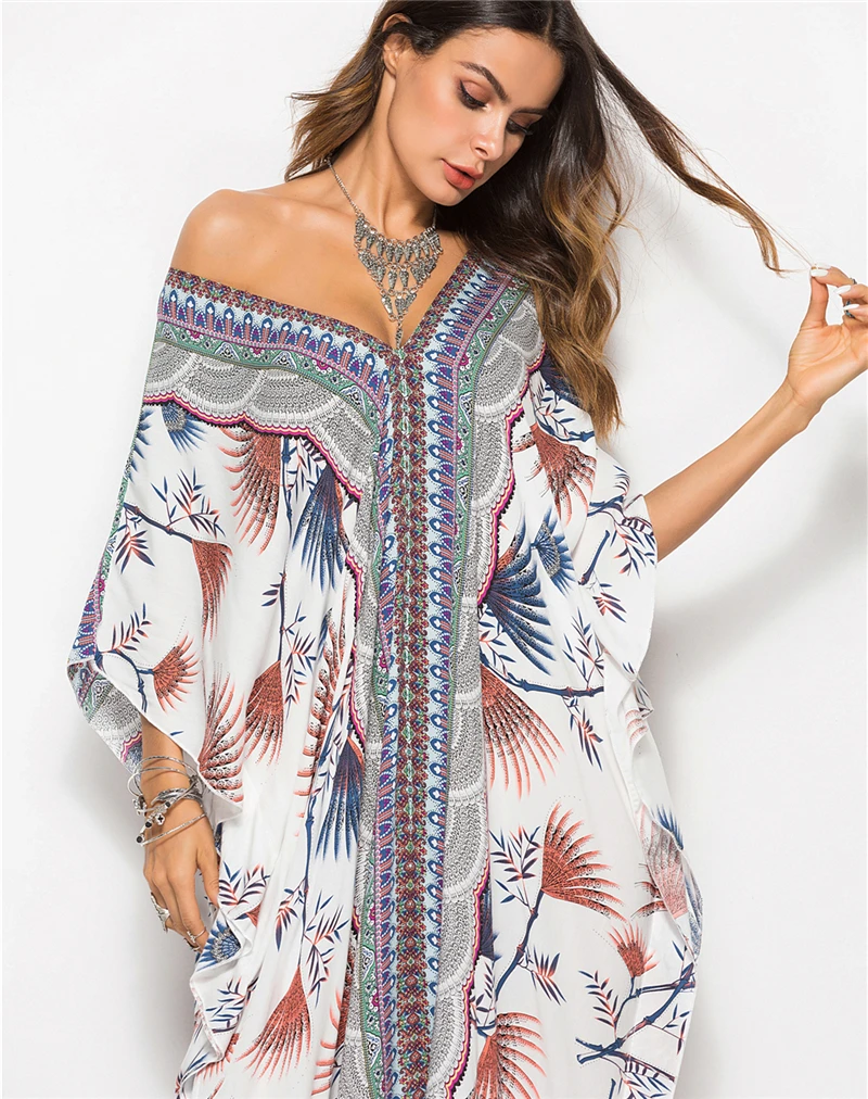

Batwing Sleeve Robe Lady Plus Size Loose Dress Women Ethnic Print Kaftan Maxi Elegant Dress Summer Beach Loose Long Dress