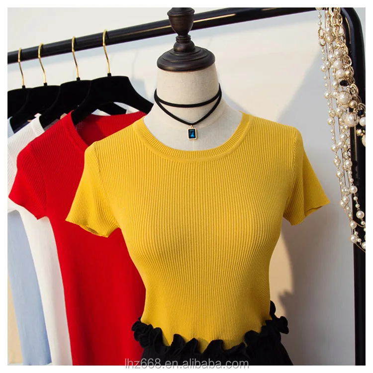 

Ladies knitted summer newdesign women's top short sleeve knit cotton short sleeve