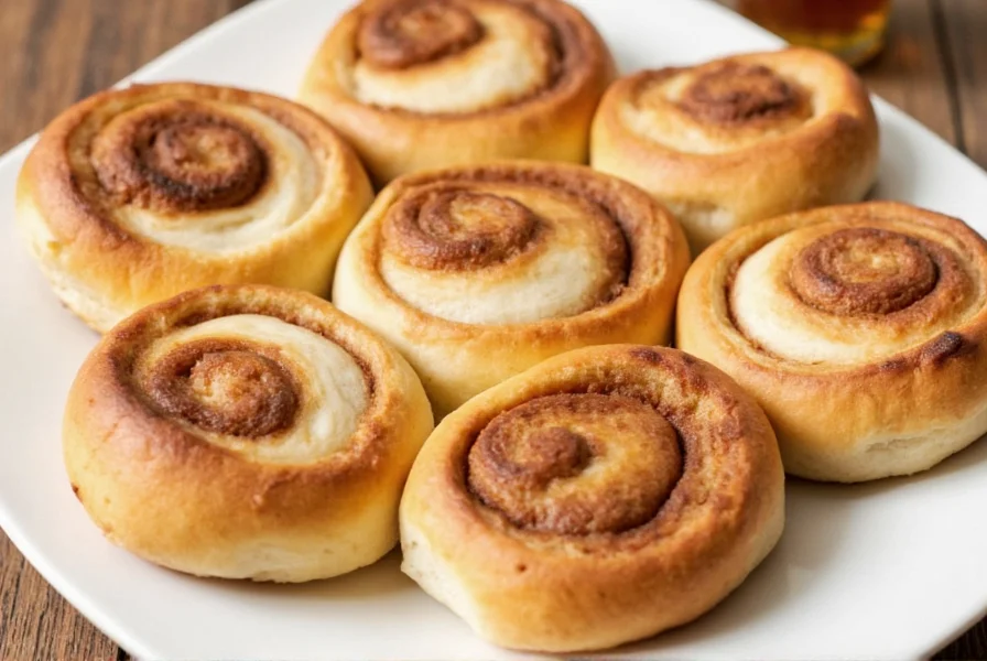 Perfectly golden Pillsbury cinnamon rolls fresh from the air fryer with melted icing drizzled on top