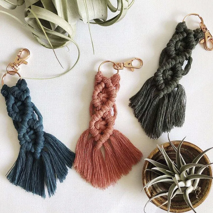 

Macrame Keychains Boho Macrame Bag Charms with Tassels Cute Handcrafted Accessories for Car, White pink blue orange or customized color
