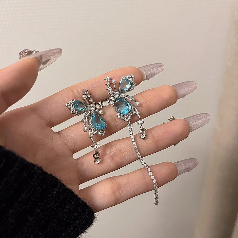 

New Trendy Design Blue Butterfly Asymmetric Earbone Clip Temperament Pendant Earrings Jewelry For Women