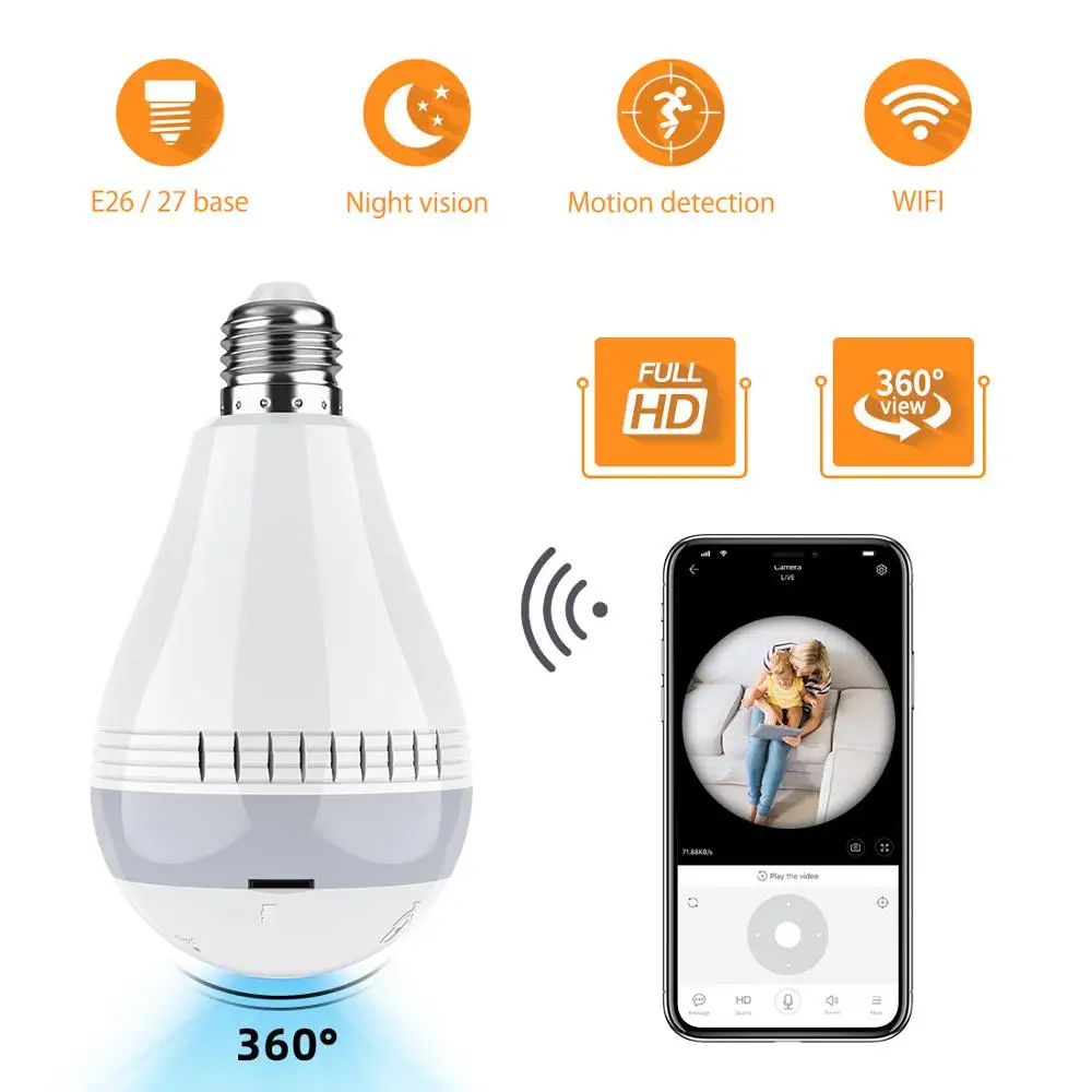 
360 degree wifi 1080p fisheye ip bulb security surveillance bulb cctv camera with night vision 