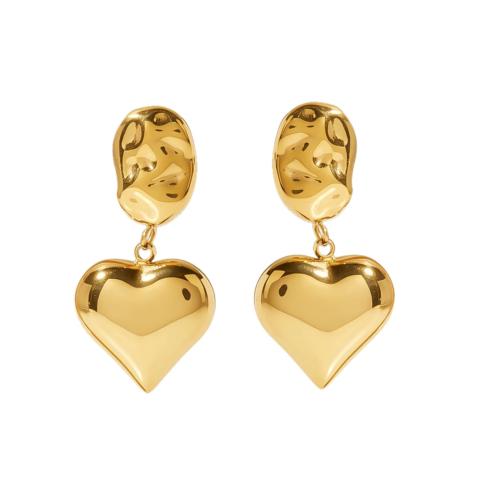 

Ins Hot Selling Design 14k Gold Plated Hammered Solid Heart Charms High Polished Women Earrings For Gift