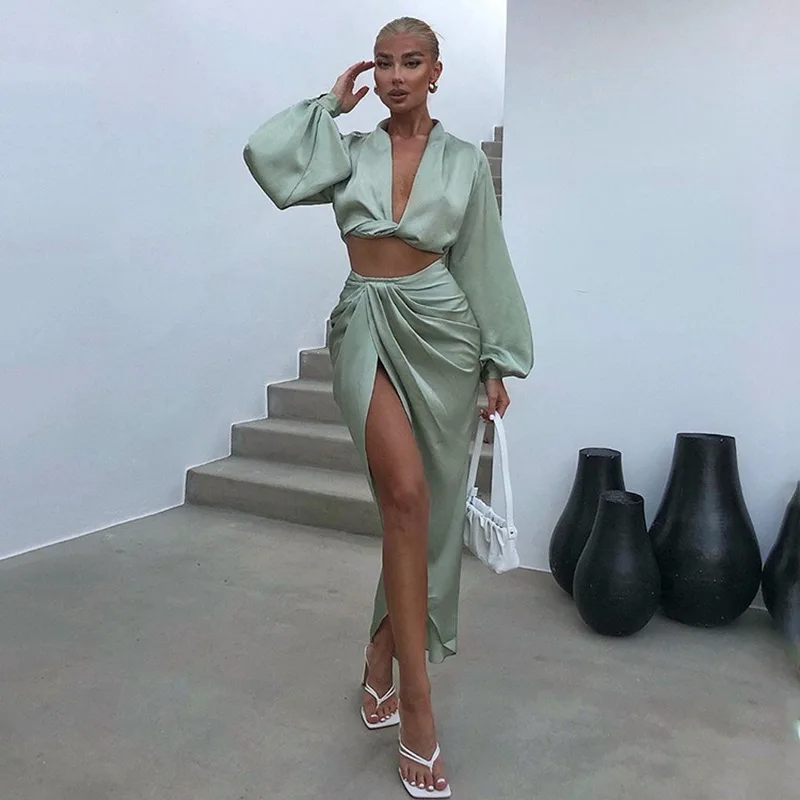 

trending 2021 Fashion Sexy Women Pleated Solid Color Knotted Split Slim Cover Up Skirt woman 2 piece set clothing