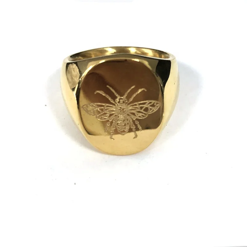 

Janice jewelry designs 18k gold Oval signet ring Stainless steel bee rings